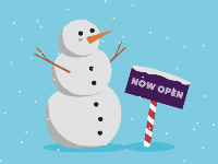 Snowman with a 'now open' sign