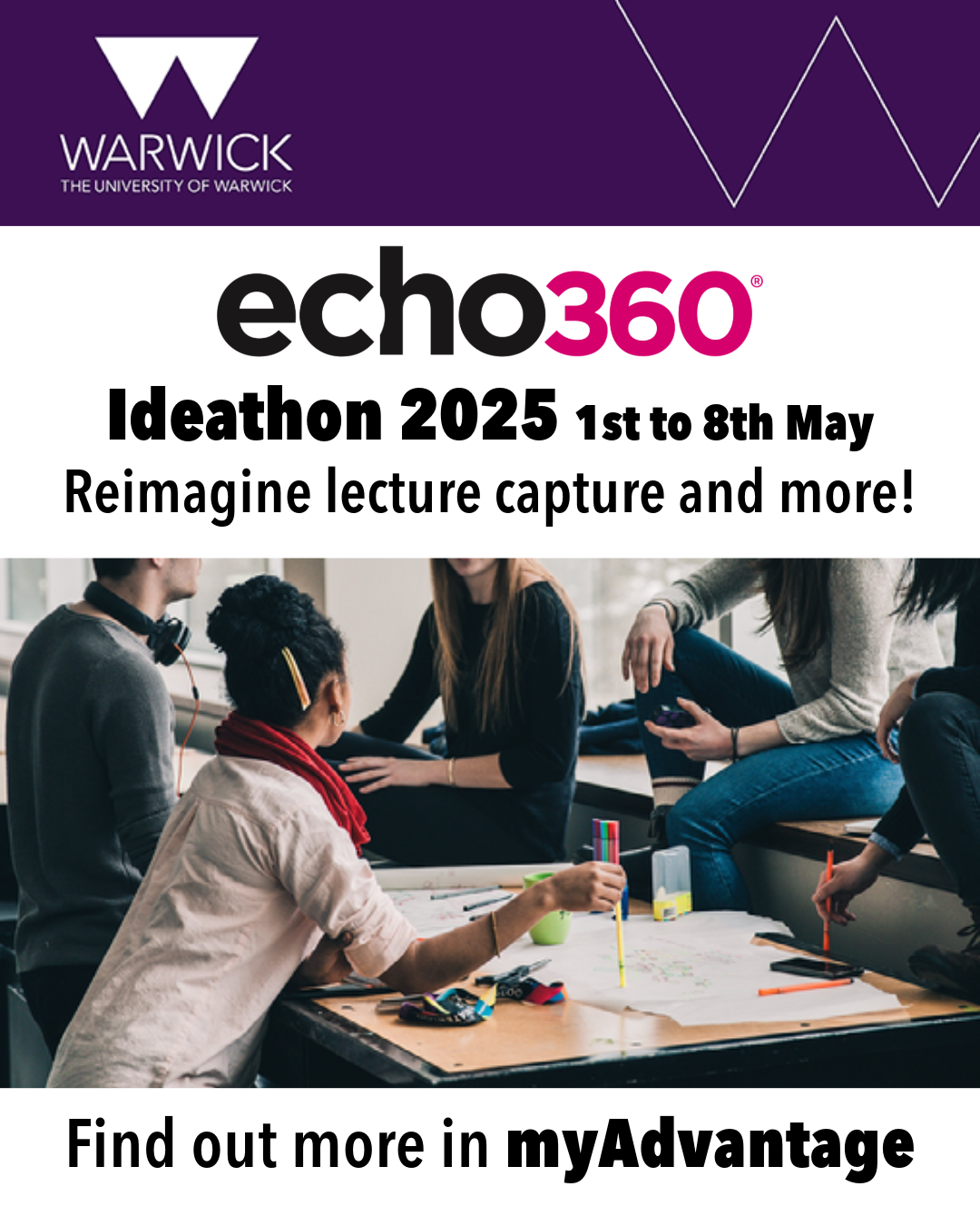 A poster advertising a collaborative Ideathon event with echo360 for students to suggest ideas to enhance the lecture capture platform