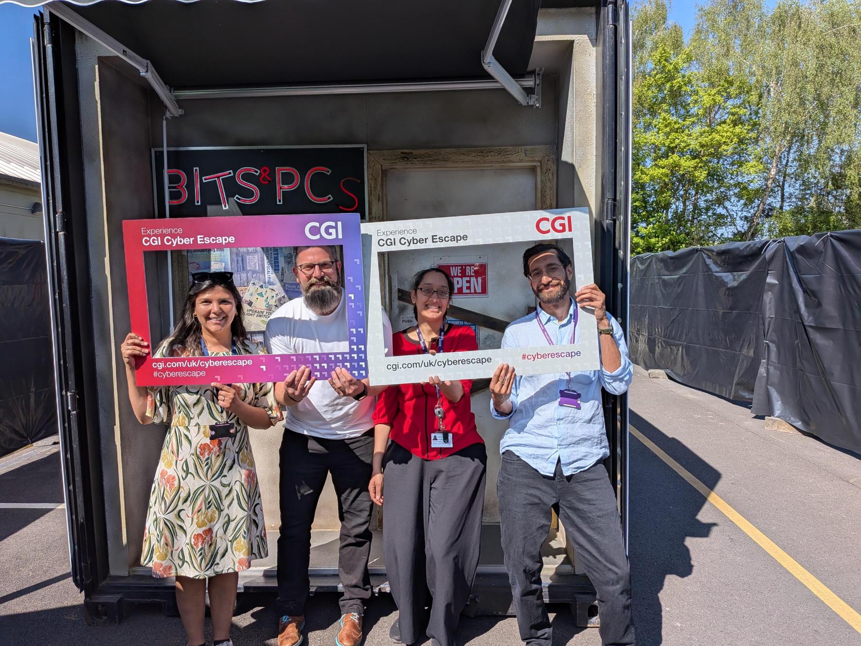 Louise Turtle, Matt Street, Poonam Pedley and Sunil Chudasama at the CGI Escape challenge on campus