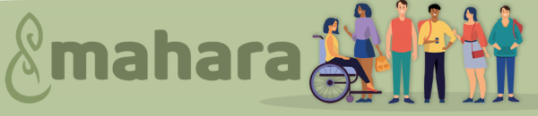 The word 'mahara' in lowercase letters on the left side, with a stylized ampersand symbol to its left. To the right, there are six illustrated people standing and sitting in a row.