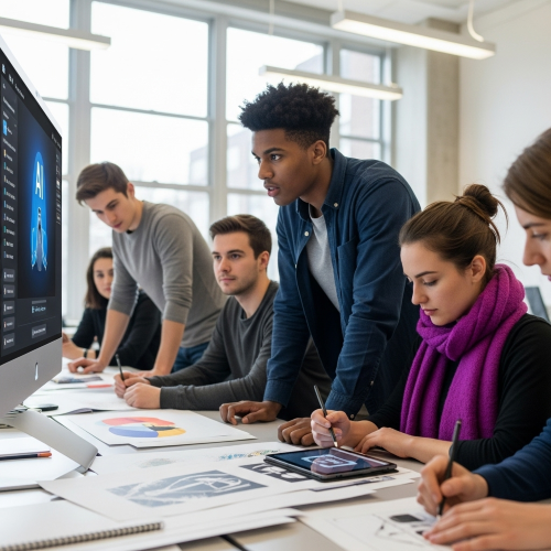 A group of people are gathered around a table in a modern office setting, working on design projects. They are using various tools such as computers, tablets, and drawing materials.