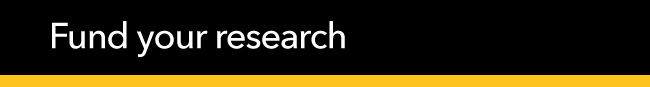 A decorative banner in black and yellow with the words Fund your research